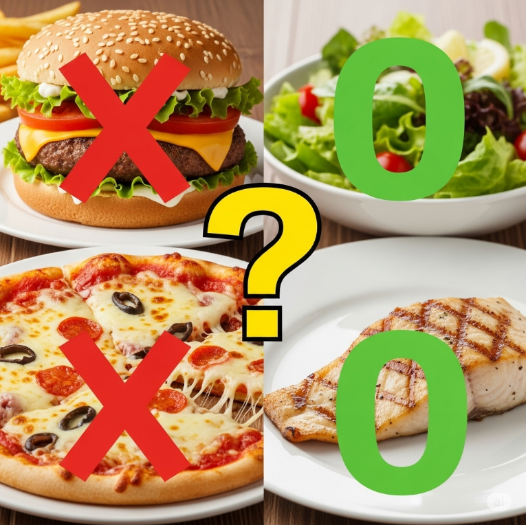 기름진 음식과 건강한 음식을 대비시킨 썸네일 이미지