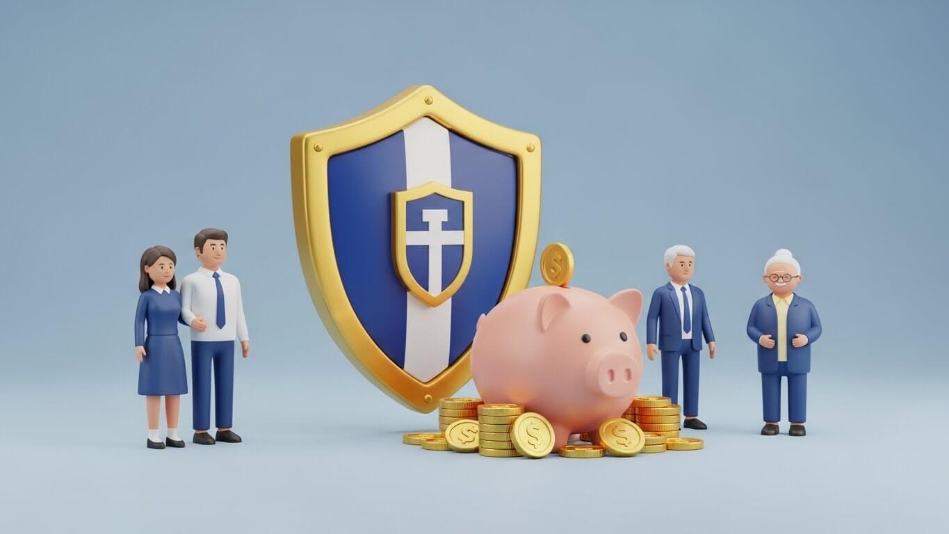 중간에 돼지저금통과금화가있고-왼쪽엔 젊은청년이-오른쪽에 나이지긋한노년거플이 있다