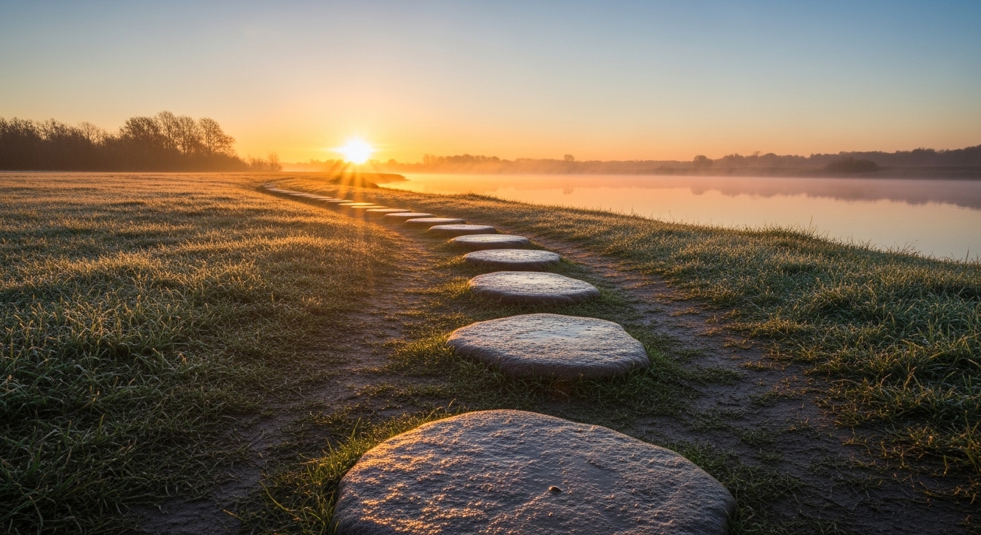 일출을 향해 놓인 징검다리. 작은 습관들이 모여 큰 성공을 이룬다는 개념을 상징적으로 표현한 이미지.