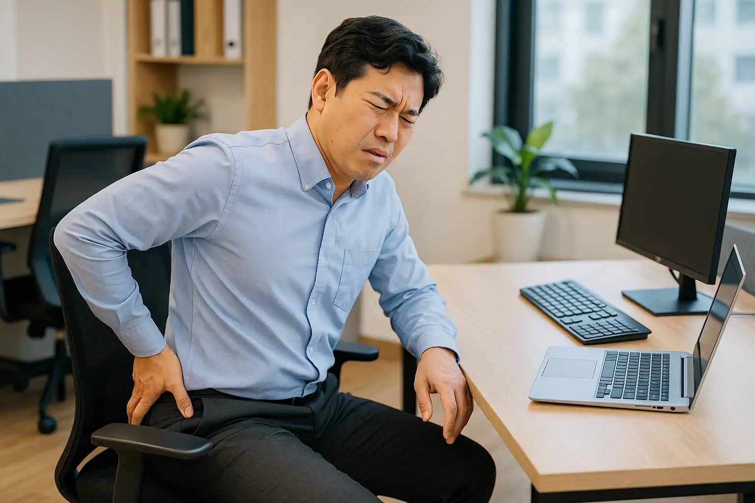 의자에 오래 앉아 일하는 직장인이 왼쪽 엉덩이 부위를 손으로 짚고 불편한 표정을 짓는 모습