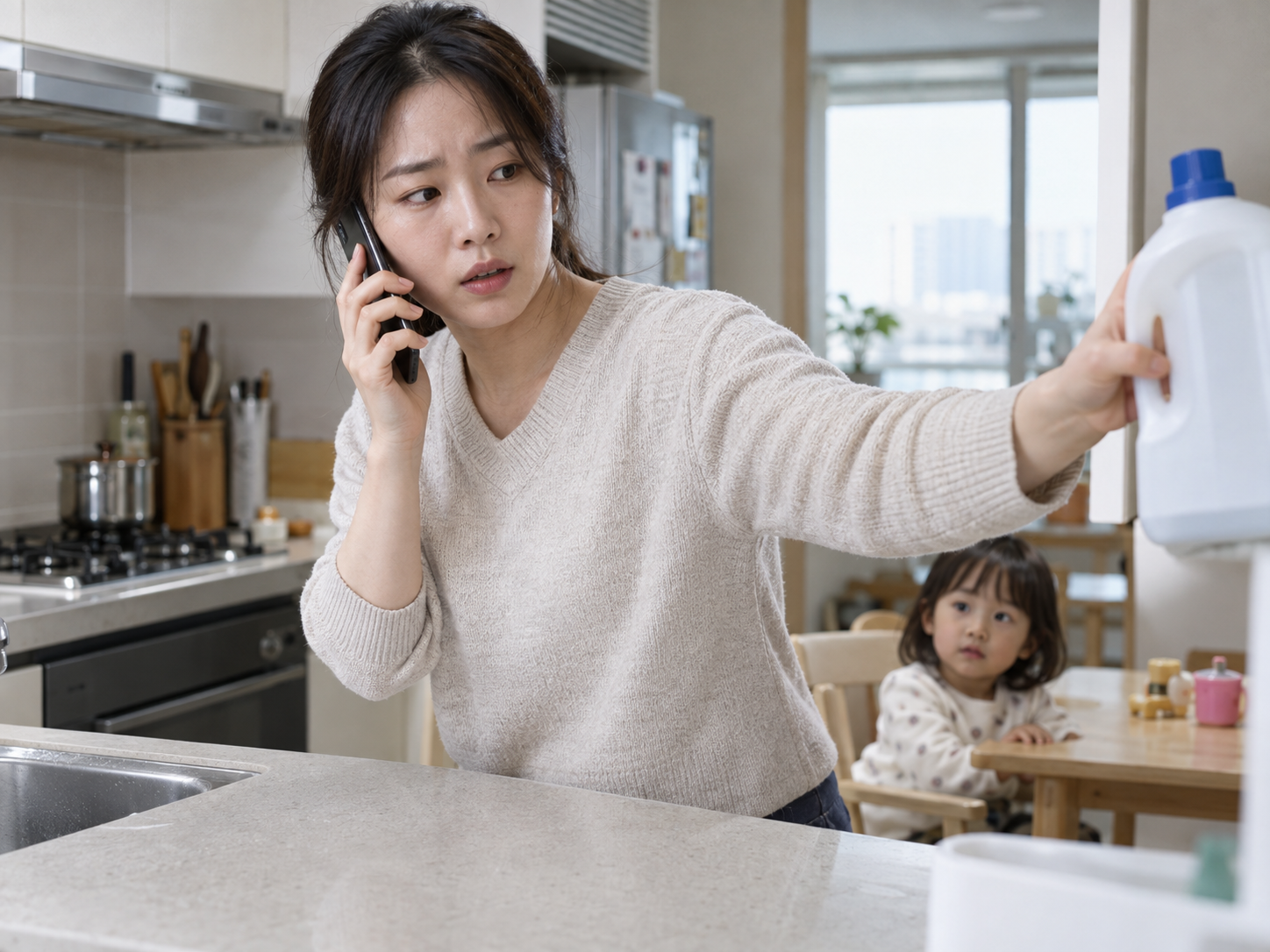 아이가 약이나 세제를 삼켰을 때, 토하게 하지 말고 확인할 것의 실제 상황을 보여 주는 대표 이미지