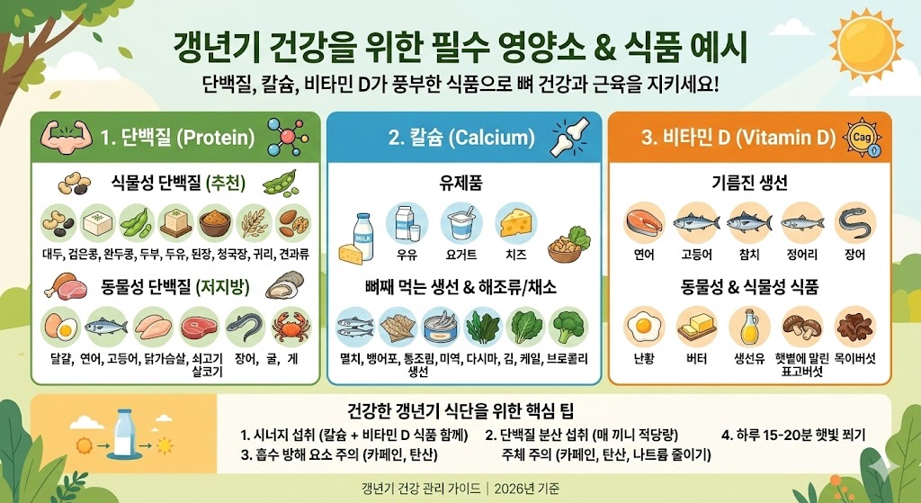 갱년기 식단에 좋은 단백질 칼슘 비타민D 식품 예시