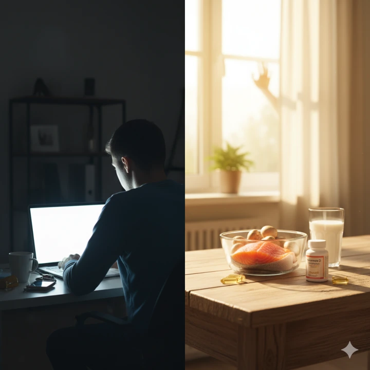 어두운 실내에서 전자기기를 사용하는 사람의 모습과, 밝은 햇살 아래 비타민 D가 풍부한 음식 및 보충제가 놓인 이미지가 대비되어 비타민 D 결핍과 보충을 나타낸다.