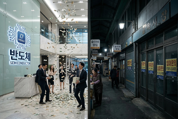 수출 호황과 내수 침체의 극심한 양극화 현상을 보여주는 경제 디커플링 이미지.