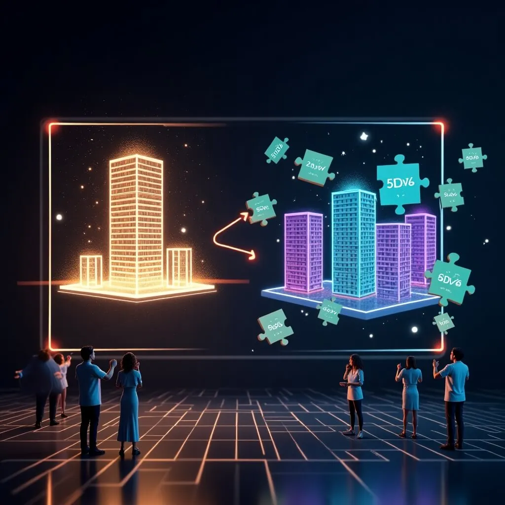 부동산 조각투자 개념을 표현한 미래적 일러스트. 왼쪽에는 황금색 홀로그램 빌딩이 완전한 형태로 떠있고, 밝은 화살표를 통해 오른쪽으로 변환되면서 알록달록한 퍼즐 조각들로 분해됨. 각 퍼즐 조각은 핑크·퍼플·블루·그린 네온으로 빛나며 작은 가격표가 달려있음. 아래쪽에는 여러 사람들이 각자 퍼즐 조각 하나씩을 들고 있어 누구나 소액으로 참여 가능한 조각투자 개념을 시각화. 사이버펑크 스타일의 핀테크 일러스트 (RWA fractional investment, real estate puzzle pieces, tokenization transformation, accessible investment concept art)