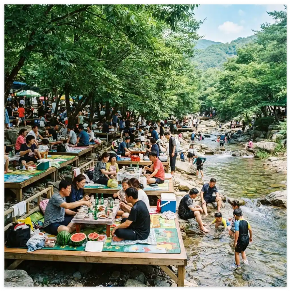 여름 계곡 평상 자리 붐비는 풍경