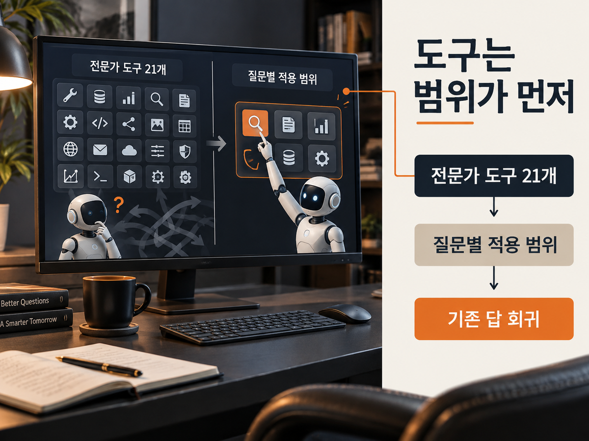 전문가 도구를 많이 넣는 방식과 질문별 적용 범위로 도구를 선택하는 방식을 비교한 시계열 AI 설명 카드