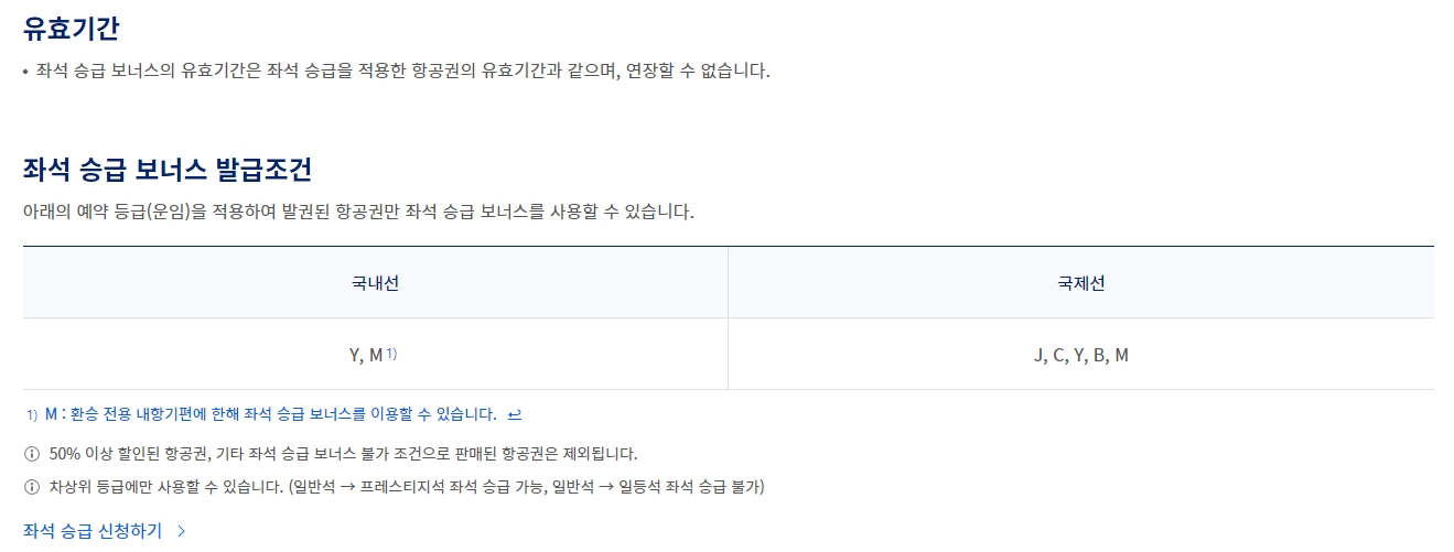 좌석 승급 보너스 유효기간 및 발급 조건