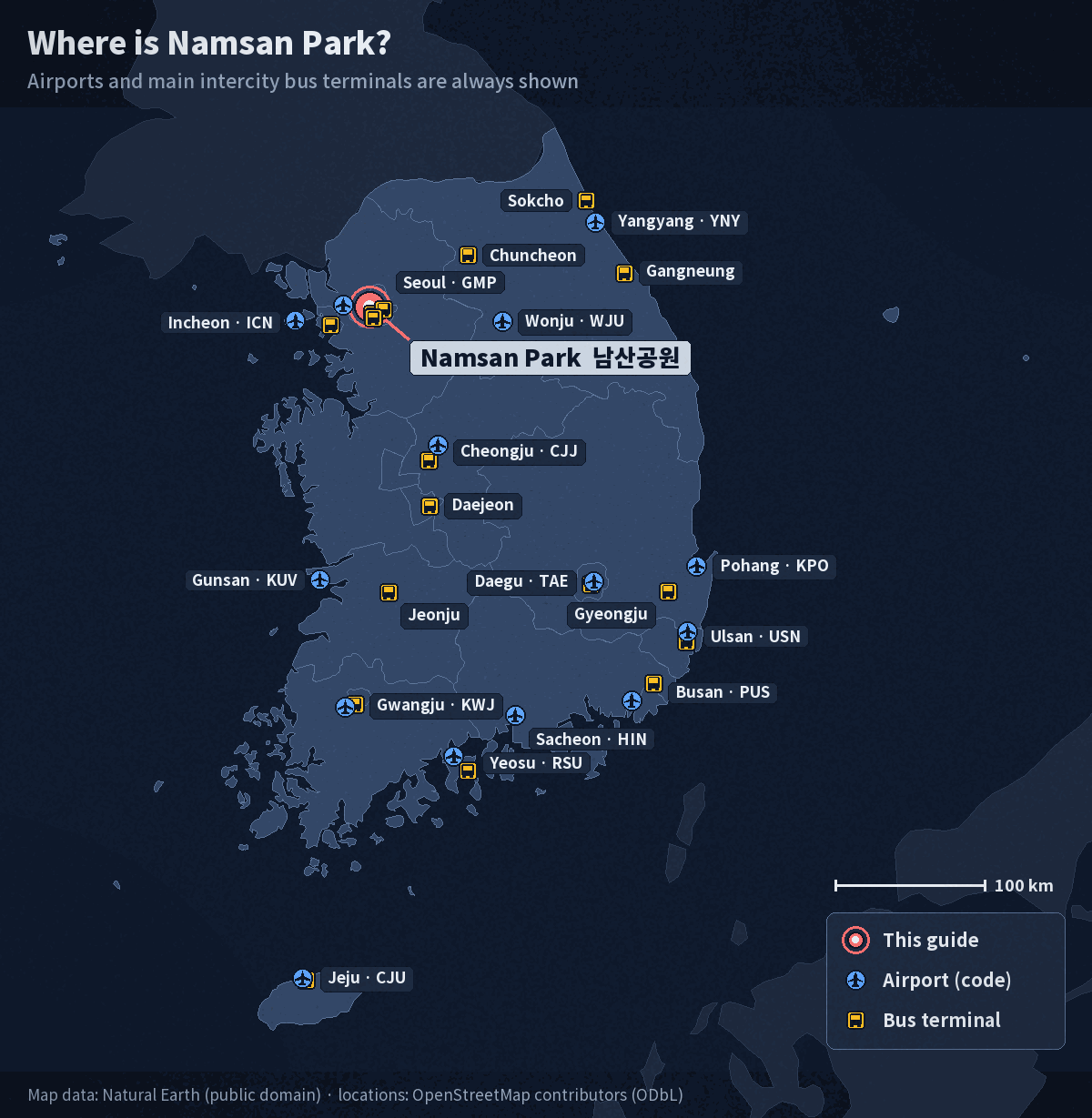 Map of South Korea with Namsan Park in central Seoul marked, showing Korea's airports and main intercity bus terminals