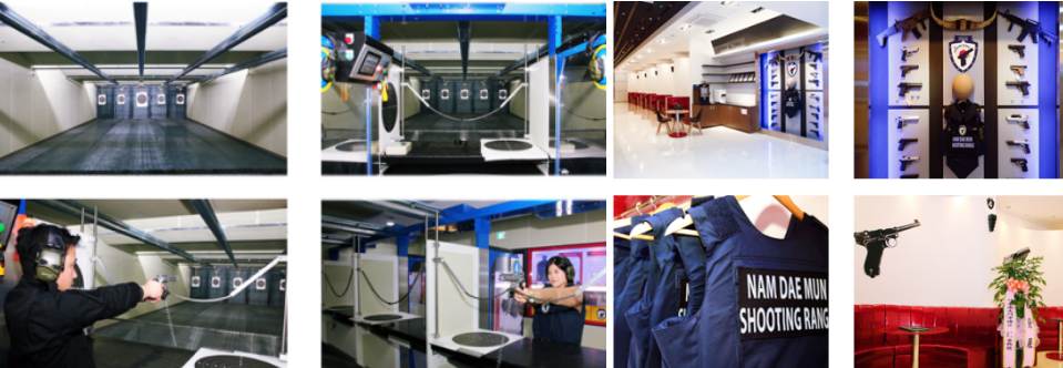 실탄사격장 실내 사진들과 사격하는 사진