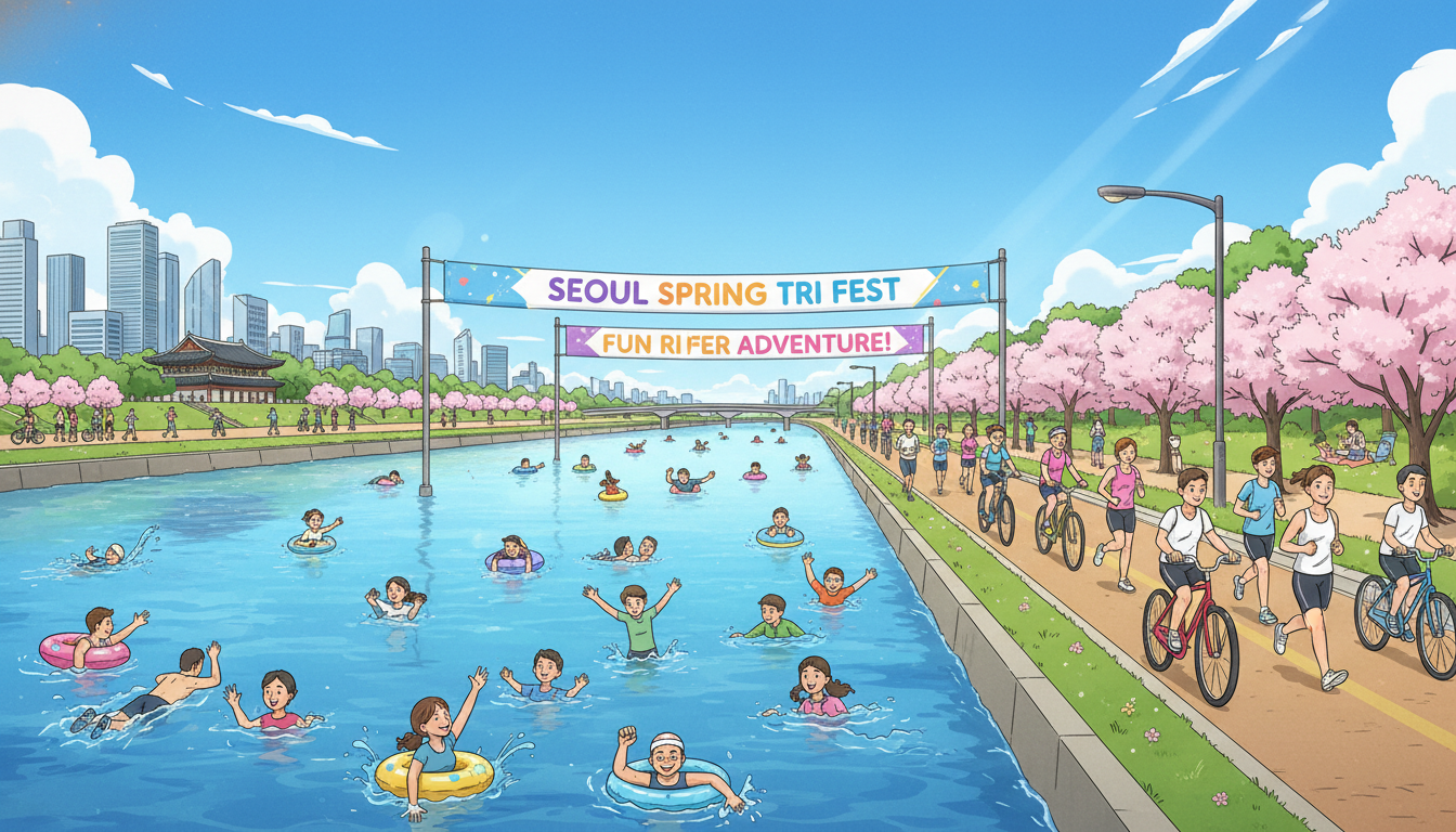 2026년 봄, 화창한 날씨 속에서 수영, 자전거, 달리기를 즐기는 쉬엄쉬엄 한강 3종 축제 참가자들의 활기찬 모습