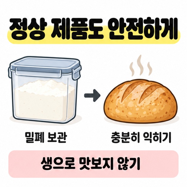 밀폐용기에 담긴 밀가루에서 익힌 빵으로 화살표를 연결하고 밀폐 보관과 충분한 조리, 생으로 맛보지 않기를 안내한 그림