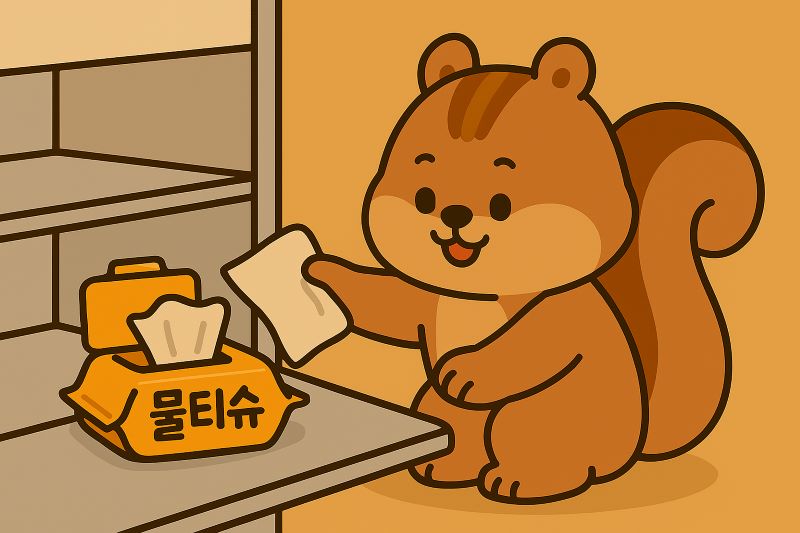 "귀여운 다람쥐 캐릭터가 물티슈 로 냉장고 선반을 깨끗하게 닦고 있는 모습"(AI 생성)