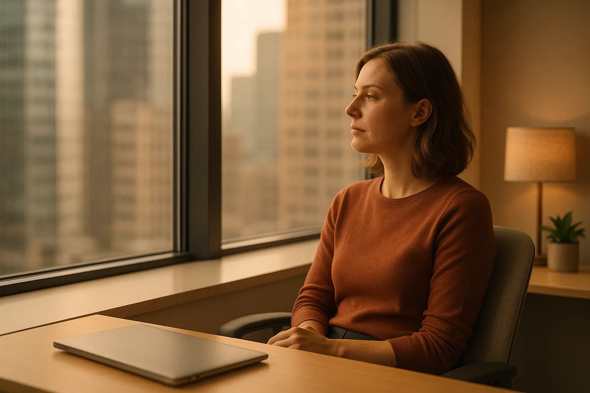 사무실 창가에 앉아 유연근무를 상상하거나 EAP 지원의 중요성을 생각하는 직장인 (직장 정신건강 강조)