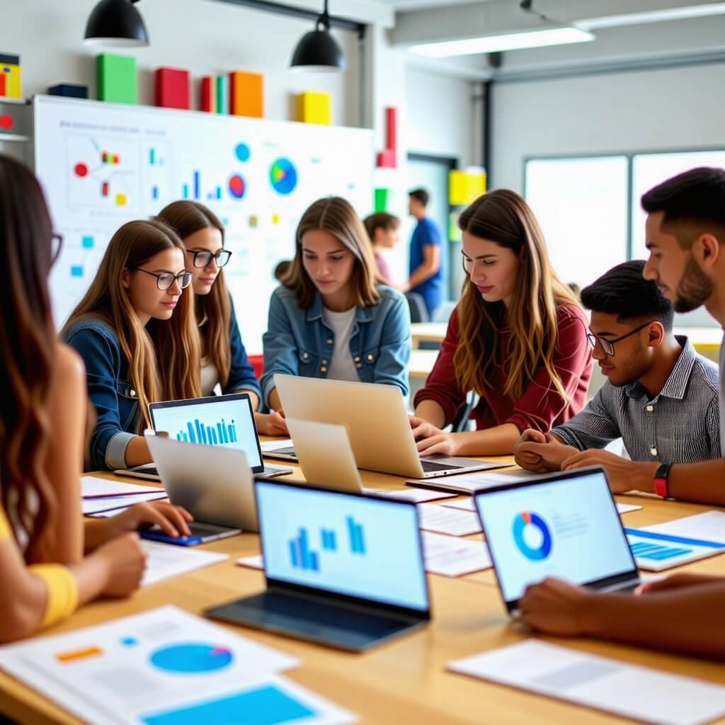 AI 학습 그룹 활동: 여러 학생들이 AI 프로그램을 활용하여 팀 프로젝트를 진행하는 모습. 각자 다른 과목을 학습하며 협력하는 장면.