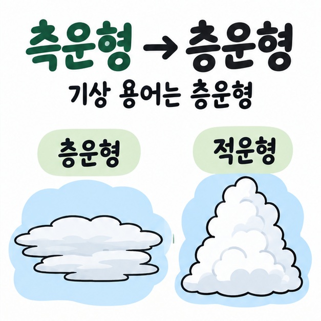 측운형이 아니라 층운형이라는 올바른 용어와 층운형·적운형의 기본 모양 차이를 보여주는 카드