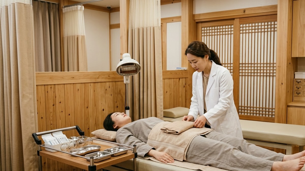 한의원 치료실에서 여성 환자의 아랫배에 온열 치료를 하는 모습
