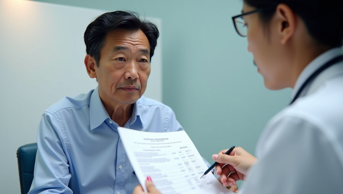 50대 남성이 현대적인 병원 진료실에서 건강검진 결과지를 설명하는 의사를 진지하게 바라본다
