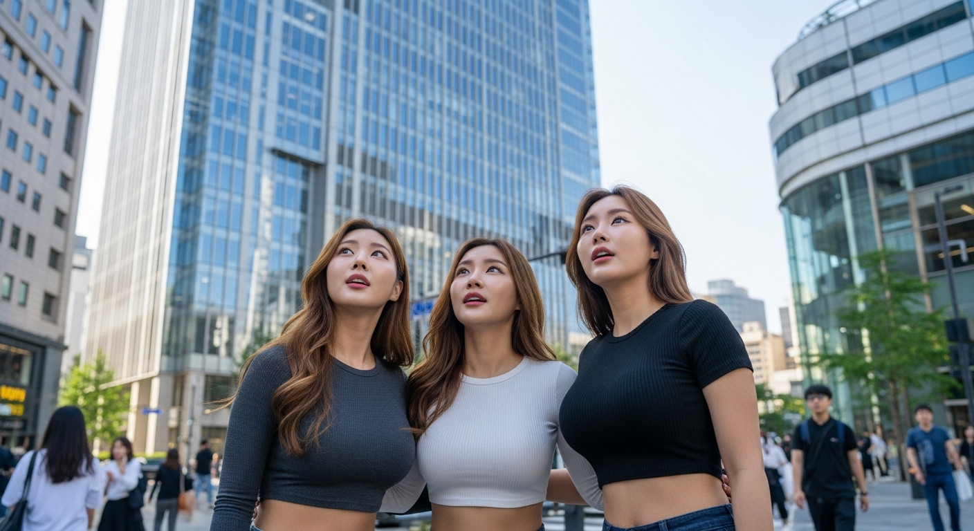 유리건물을 올려다보는 여자들