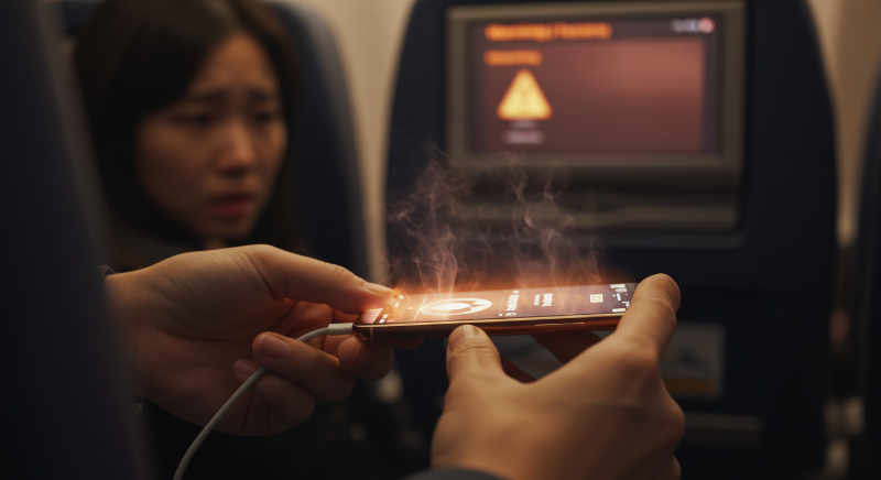 비행 중 충전하던 스마트폰이 과열되어 급히 분리하는 승객.