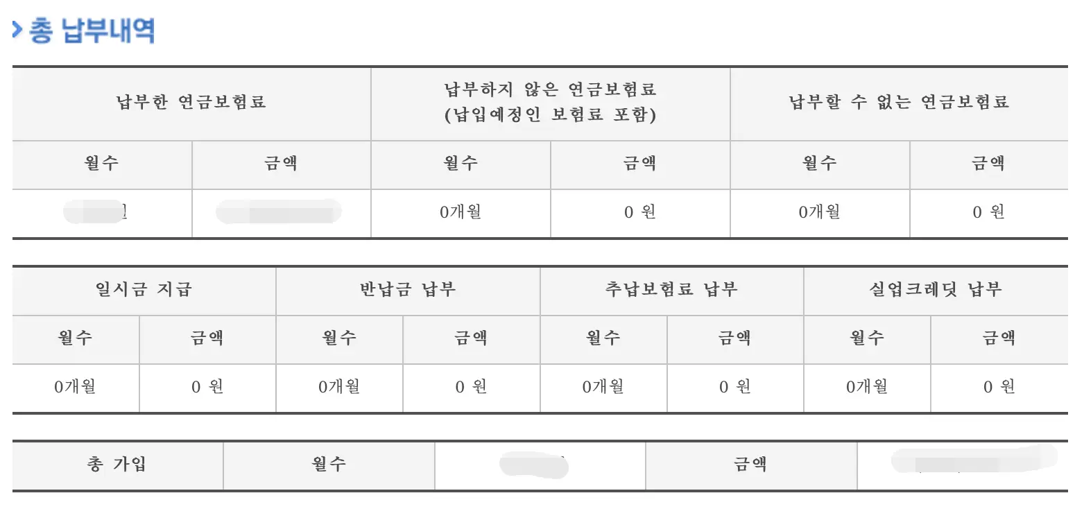 자신의 국민연금 총 납부내역을 볼 수 있습니다.