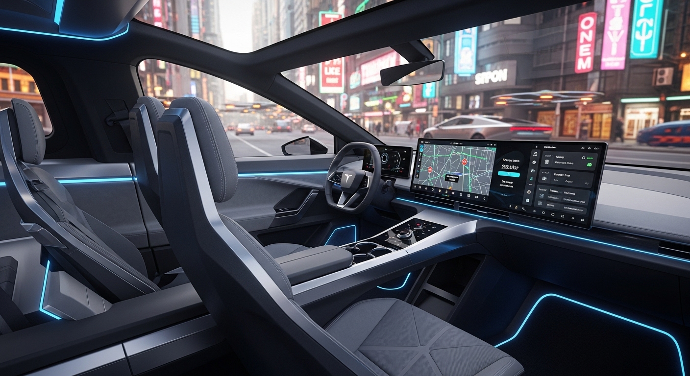 Interior of the Cybercab with an angular design resembling the Cybertruck. No driver's seat or steering wheel, just a 2-seater layout with a large screen.