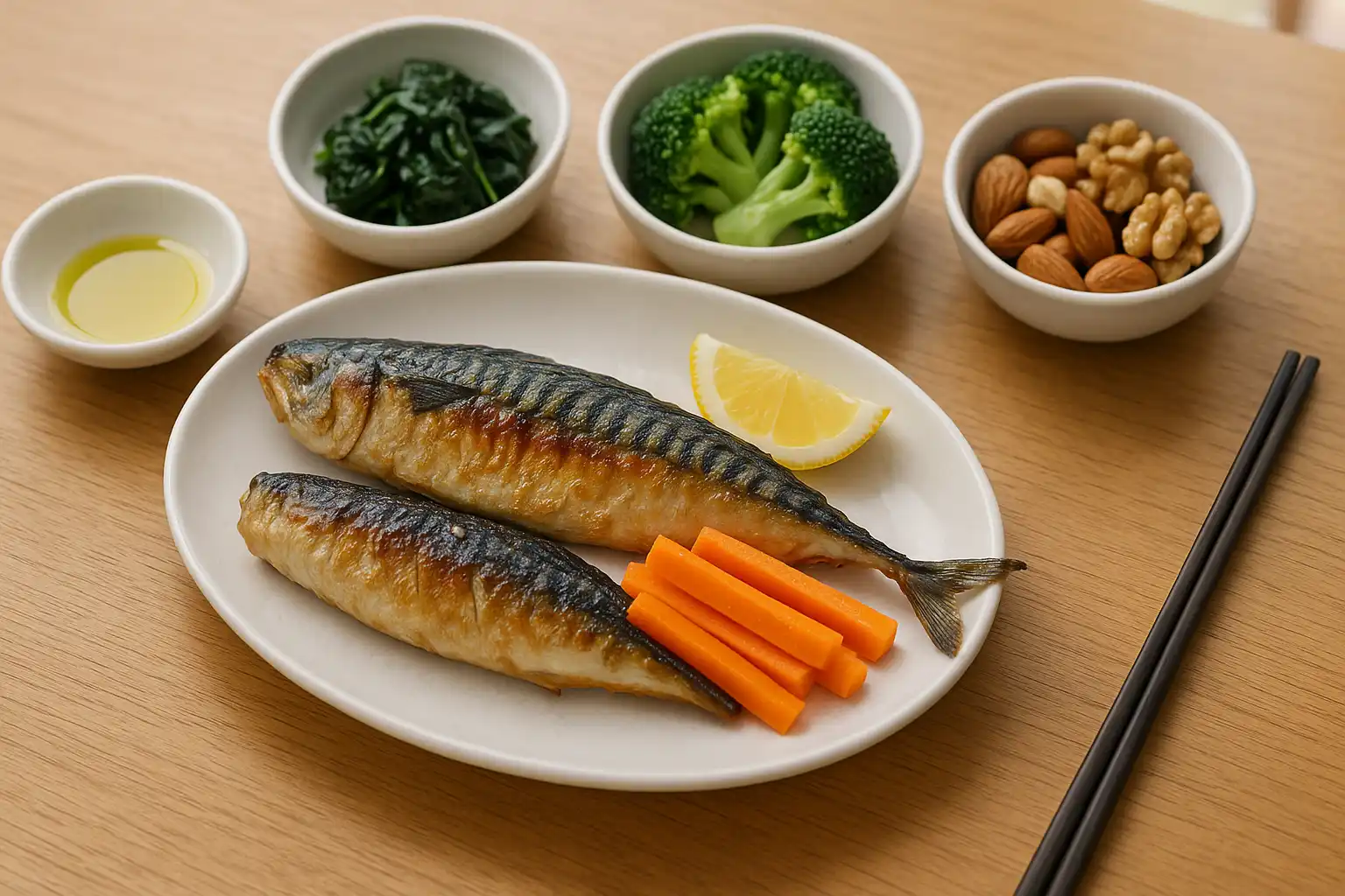 등푸른생선, 시금치, 브로콜리, 당근, 견과류를 한 상에 보기 좋게 배치한 건강 식단 이미지