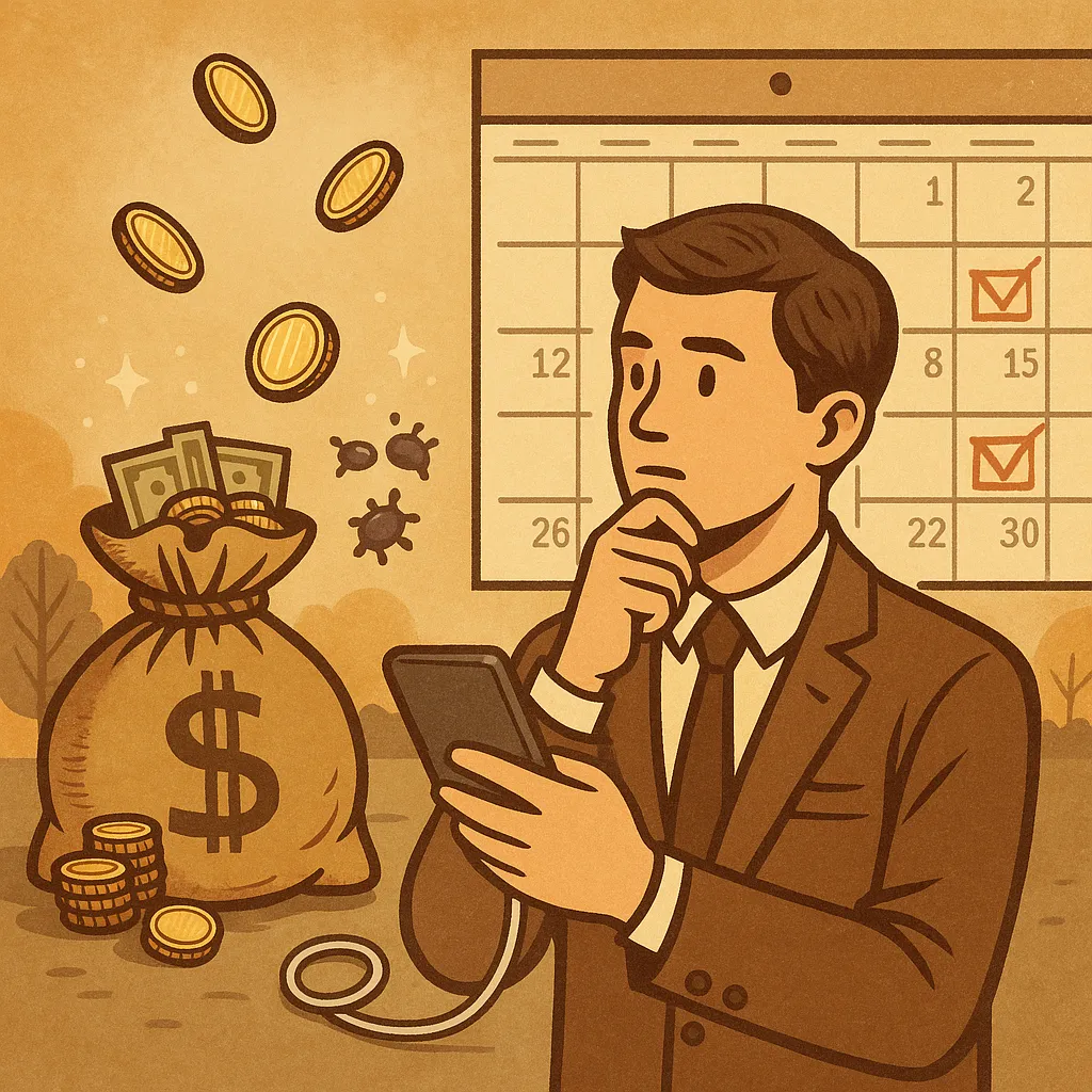 양복을-입은-투자자가-달력과-돈자루를-보며-배당주-매수-시점을-고민하는-장면-주변에-떨어지는-금화로-투자-타이밍-강조