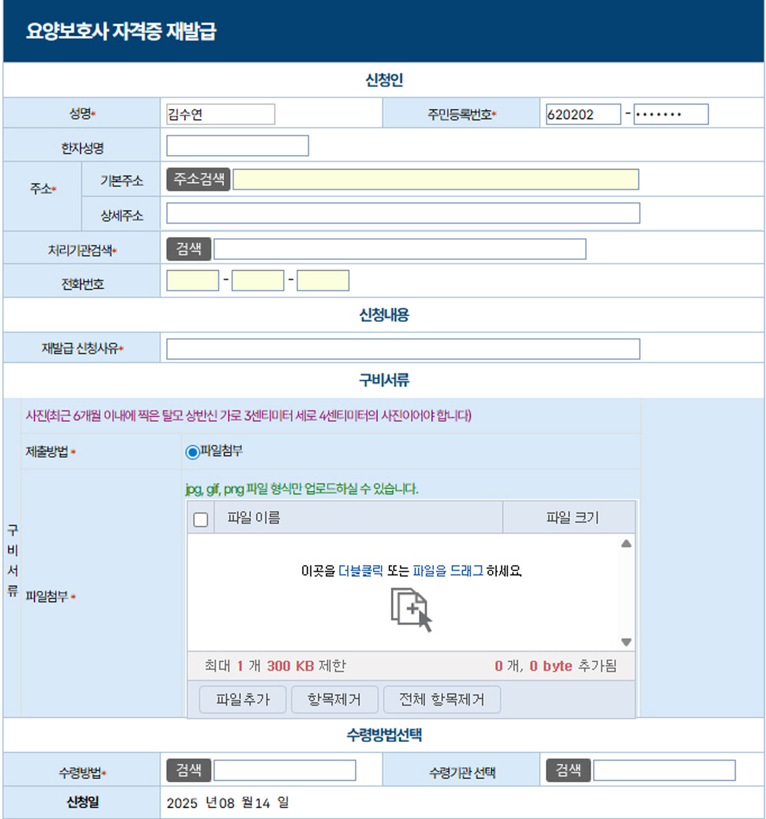 정부24 요양보호사 자격증 재발급 신청서 온라인 작성 화면 예시