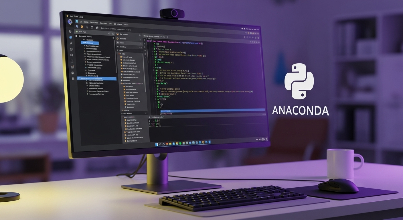 2025년 최신 파이썬 개발 환경을 보여주는 모습. VS Code와 아나콘다가 연동된 개발 환경에서 코딩 중인 화면이 주 모니터에 있고, 주변에는 효율적인 개발을 위한 장비들이 놓여 있습니다.