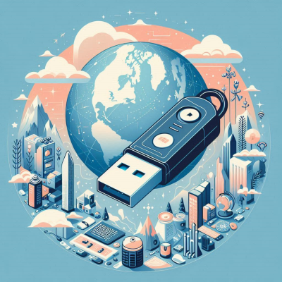 지구와 연결된 대형 USB가 글로벌 데이터 저장을 표현하는 장면.