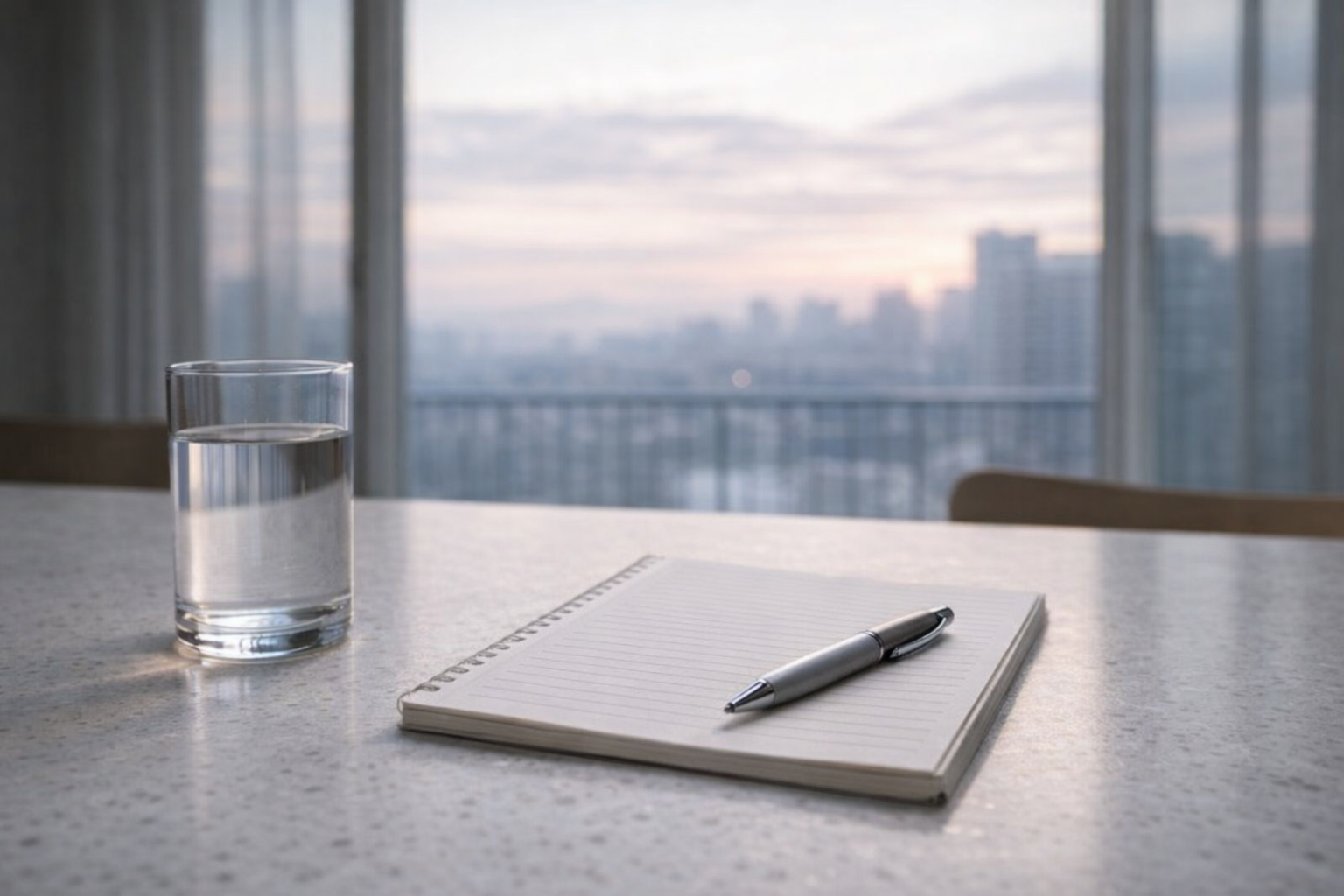 아침 햇살이 들어오는 창가 앞 식탁위에 물컵과 노트가 놓여 있습니다