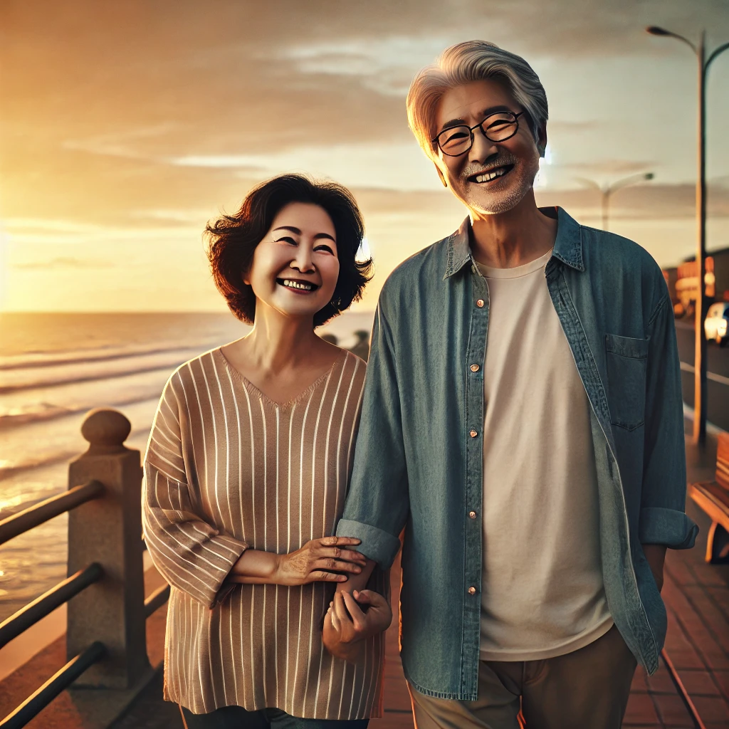 노을 진 해변을 산책하는 한국인 노부부 