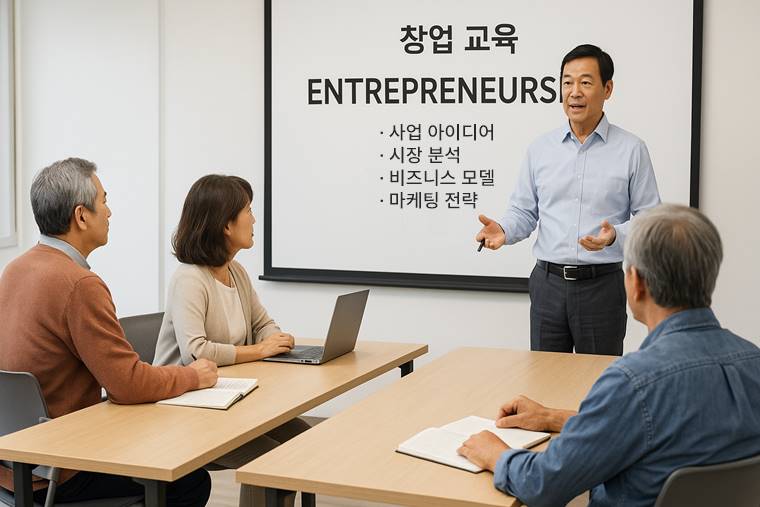 중장년 예비 창업자들이 새희망플러스 프로그램의 교육 과정에 참여하고 있는 모습