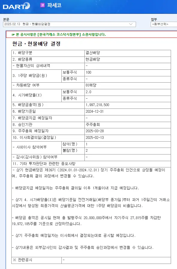 파세코(037070) 2025년 배당금