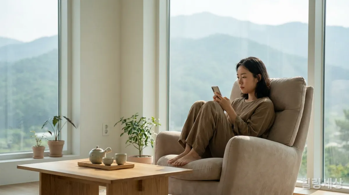 창밖으로 한국 산 풍경이 보이는 방에서 명상 여행을 검색하는 여성