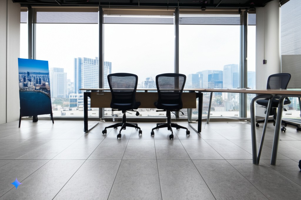 강남의 부동산 시장 분위기를 담은 현대적인 부동산 사무실