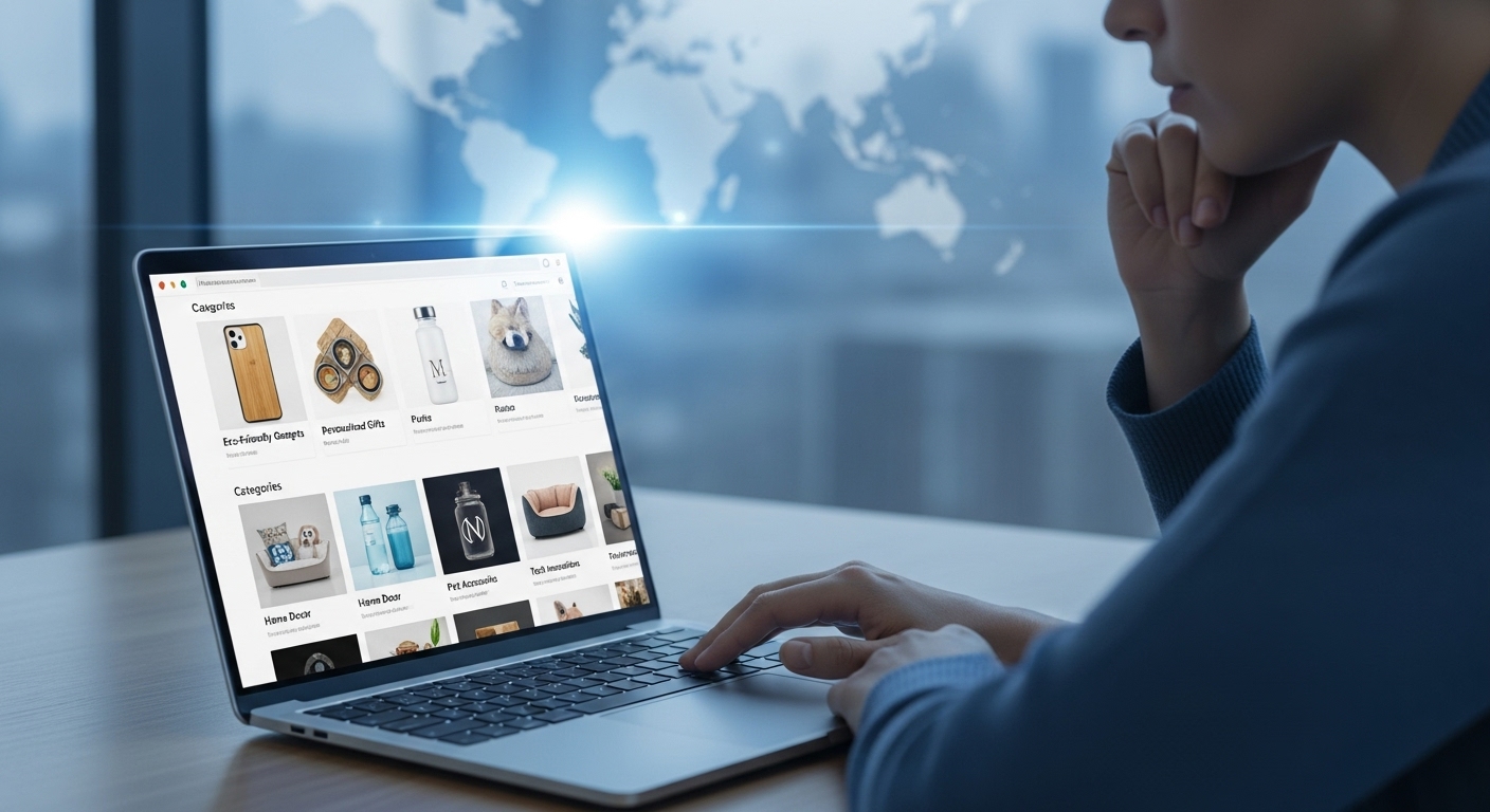 노트북으로 친환경 제품, 맞춤형 키트 등 다양한 드롭쉬핑 아이템을 신중하게 선정하는 모습.