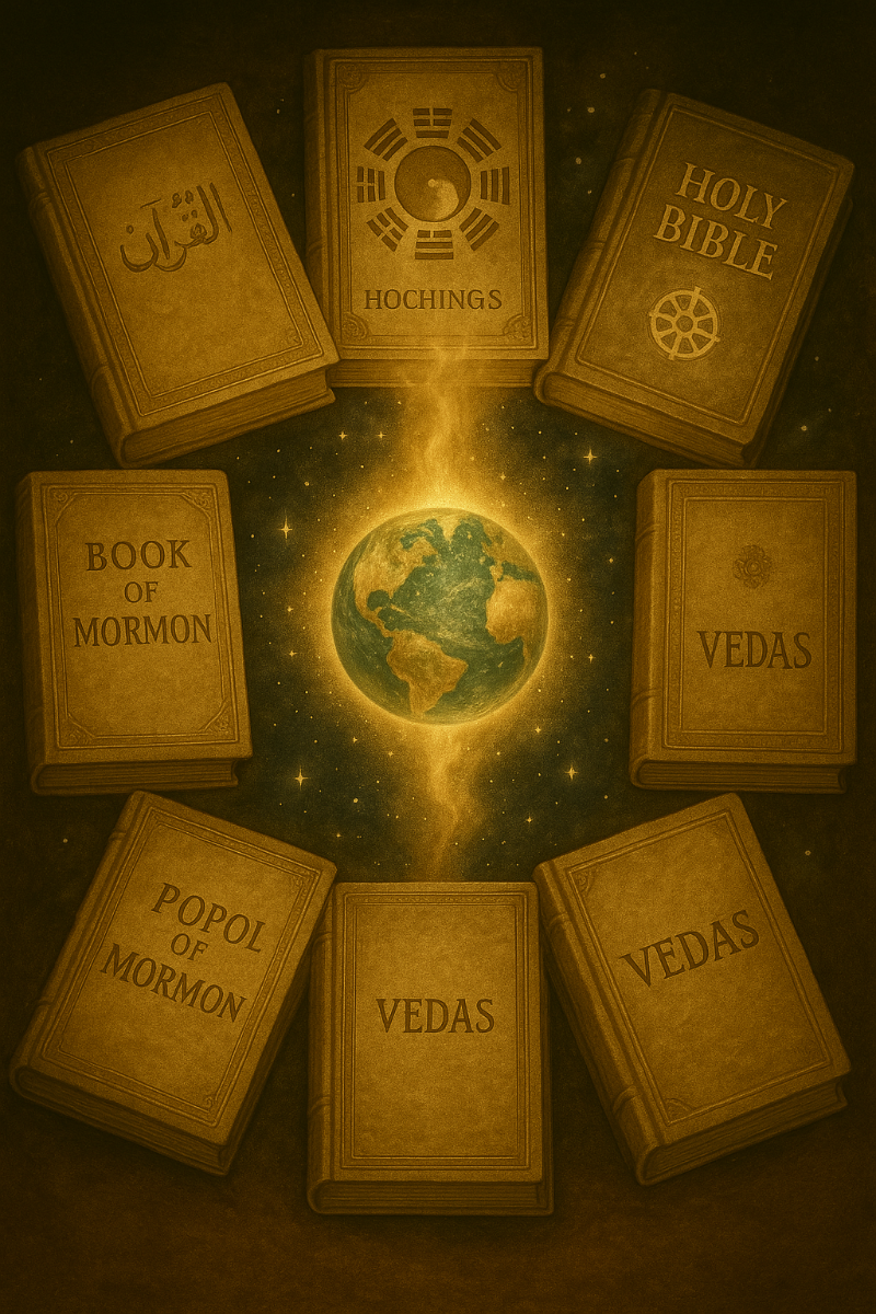 여러 문화의 예언서들이 원형으로 배치되어 중앙을 향하는 모습, 중앙에는 지구와 우주가 어우러진 신비로운 빛
