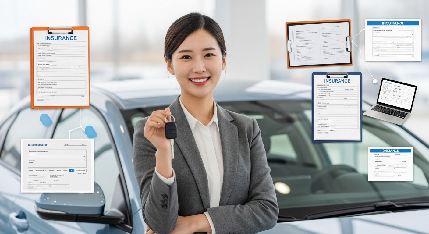 첫차 구매를 성공적으로 마치고 자동차 키를 들고 미소 짓는 젊은 여성, 차량 등록 서류와 자동차 보험 관련 아이콘이 배경에 어우러진 모습