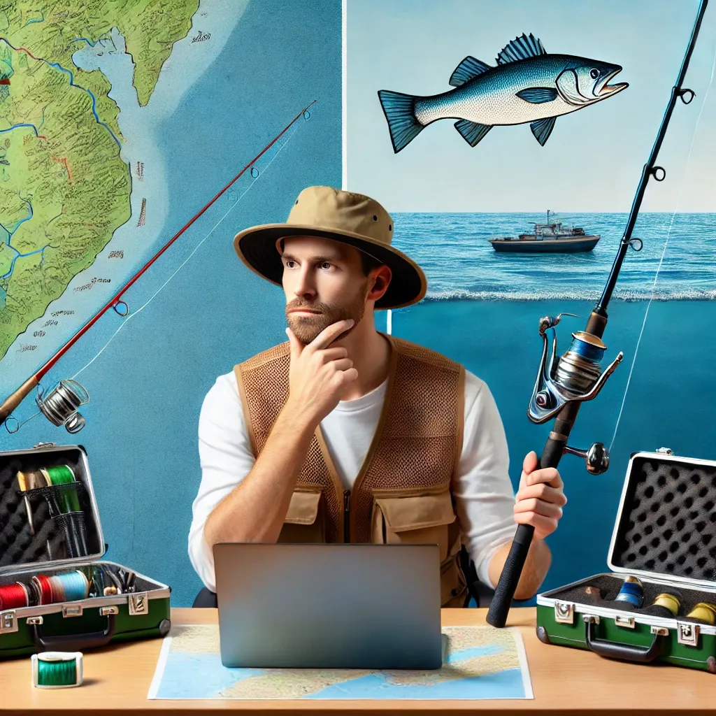 낚시꾼이 바다낚시와 민물낚시 중 고민하는 모습