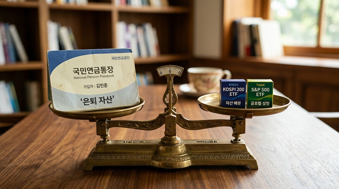저울 위에 IRP 통장과 미니어처 ETF 블록 두 개가 70:30 비율로 균형 잡혀 있는 모습, 따뜻한 우드톤 배경, 사진풍 일러스트