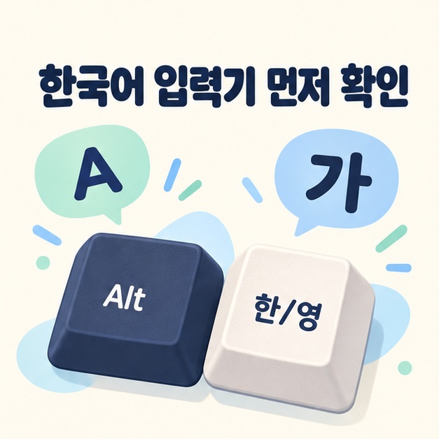Alt 및 한영 키 모양과 A 및 가 표시로 표현한 한국어 입력기 확인