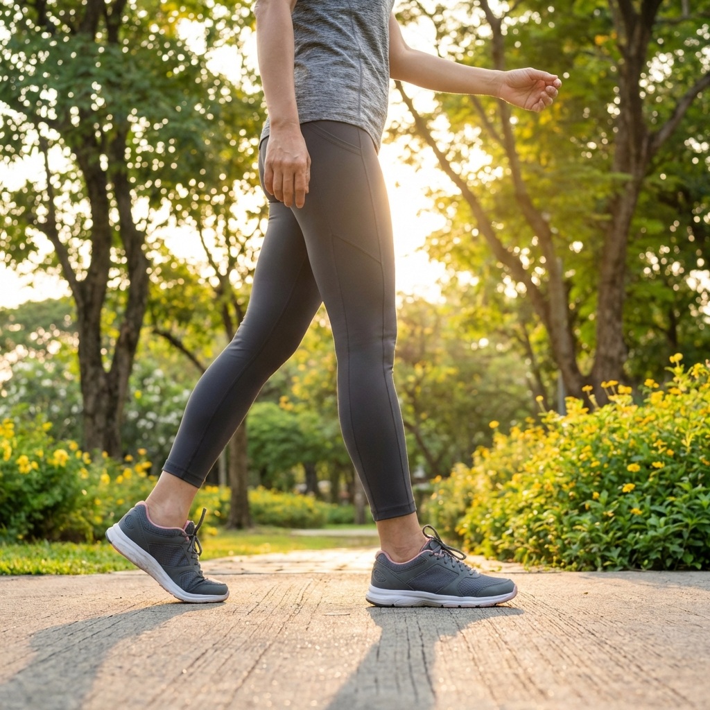 따스한 햇살이 비치는 공원에서 바른 걸음걸이로 걷고 있는 중년의 건강한 모습과 무릎 정렬을 강조한 이미지