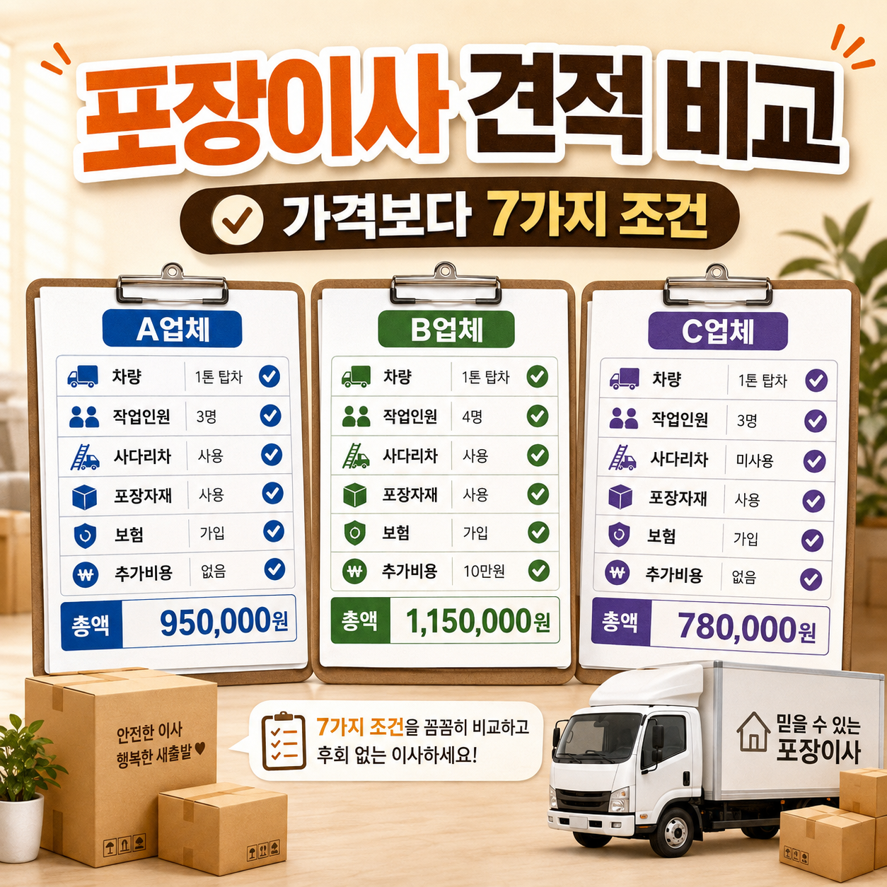 여러 포장이사 견적서의 차량 인원 작업범위 추가비용을 비교하는 이미지