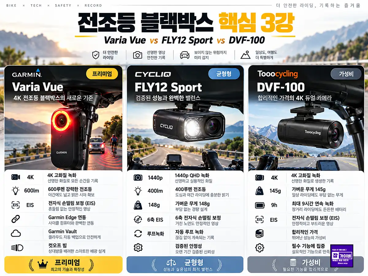가민 바리아 뷰 FLY12 Sport 투싸이클링 DVF100 전조등 블랙박스 비교