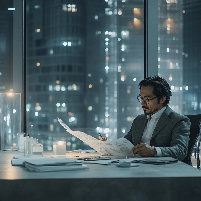 고급 사무실에서 투자자가 고배당 하이리스크 ETF의 잠재 가치를 분석. 금융 전략과 리스크 평가 강조, 부드러운 자연광 아래 진행.