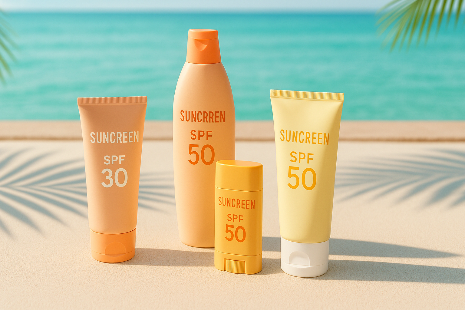 다양한 자외선 차단제 제품들(크림, 로션, 스틱 타입)