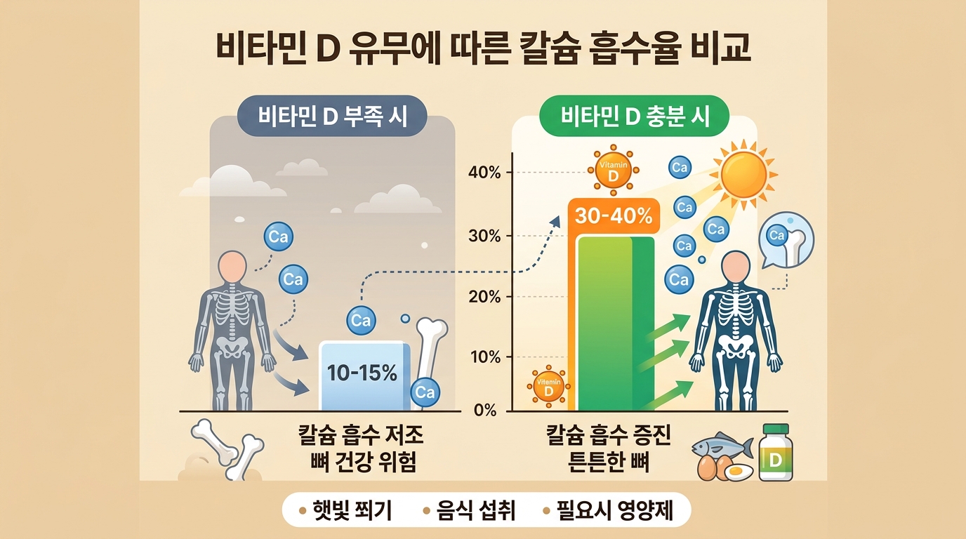 비타민D 유무에 따른 칼슘 흡수율 비교 인포그래픽