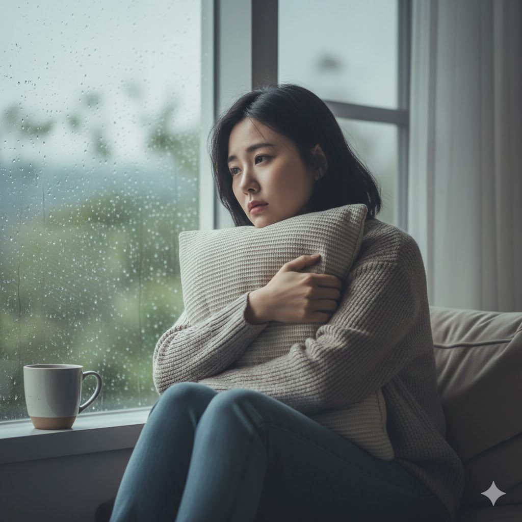 창가에 홀로 앉아 우울해하는 여성